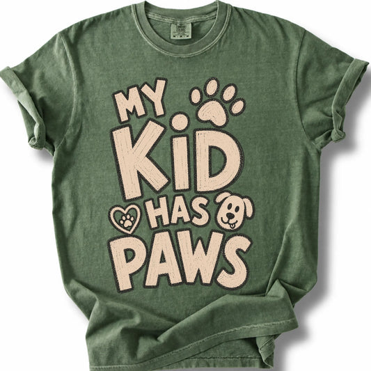 My Kid Has Paws design on a Moss Comfort Colors T-shirt, shown flat