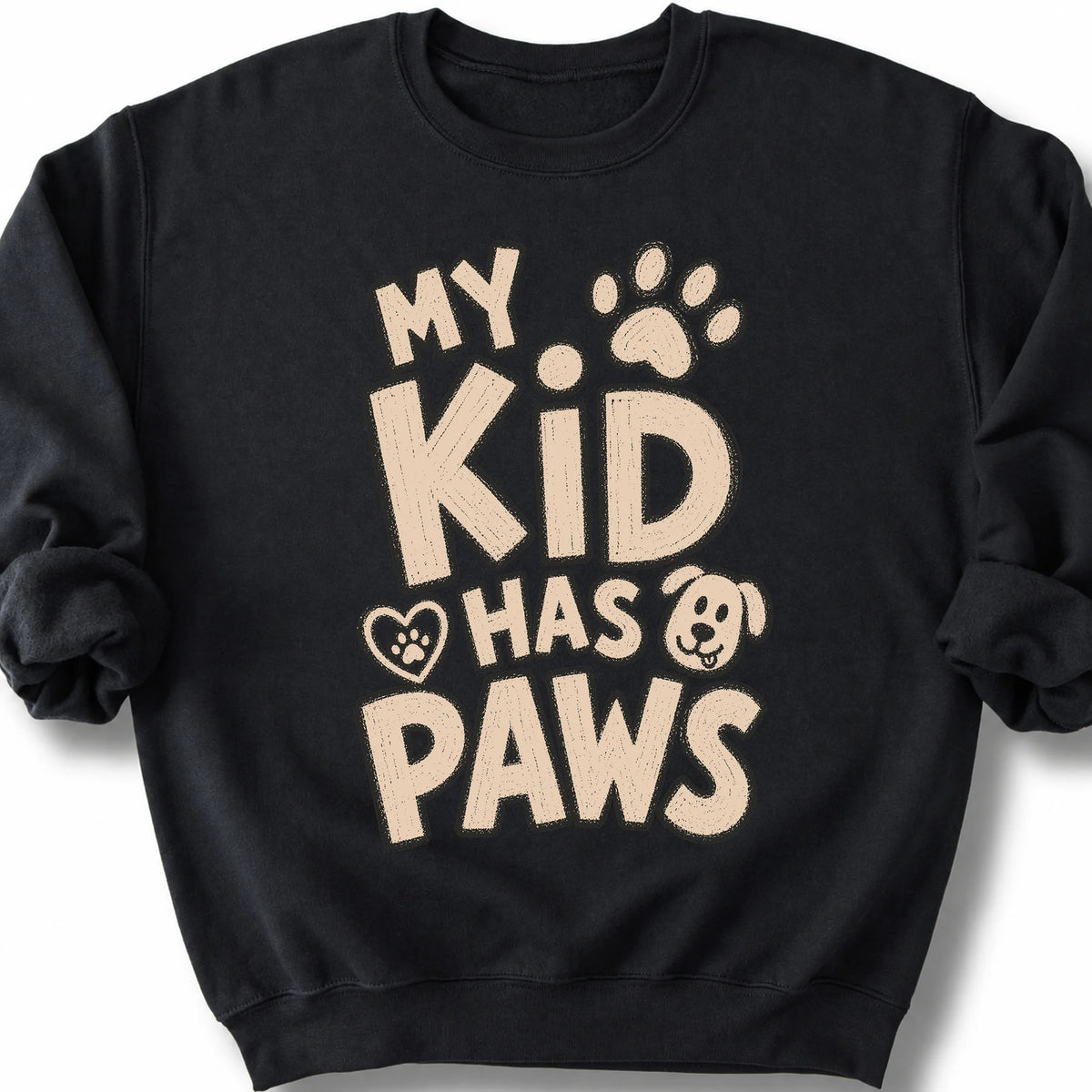 My kid has paws on a Black crewneck sweatshirt, shown flat