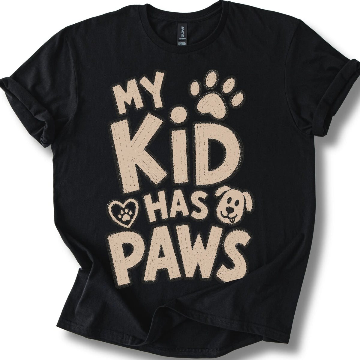 My kid has paws on a Black T-shirt, shown flat