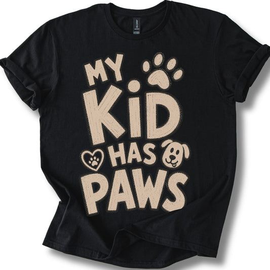 My kid has paws on a Black T-shirt, shown flat