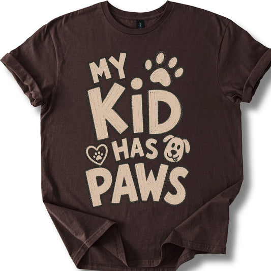 My kid has paws on a Dark Chocolate T-shirt, shown flat