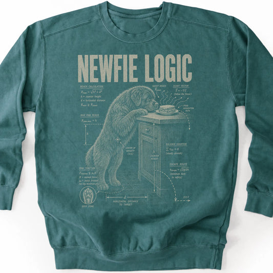 Newfie Logic on a Blue Spruce crewneck sweatshirt, shown flat