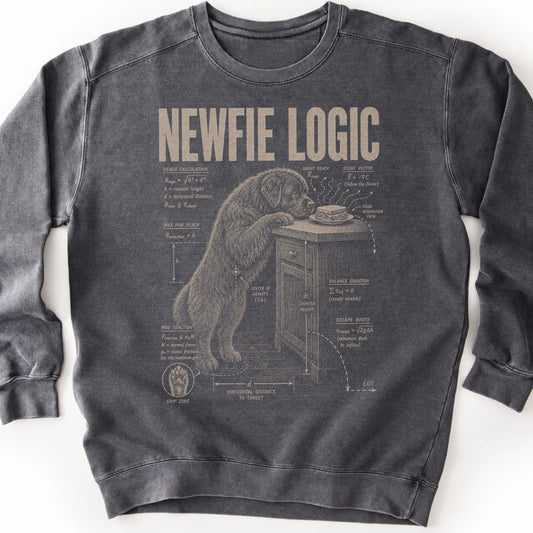 Newfie Logic on a Pepper crewneck sweatshirt, shown flat