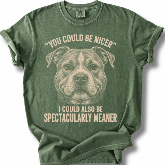 Pitbull Guard Dog design on a Moss Comfort Colors T-shirt, shown flat