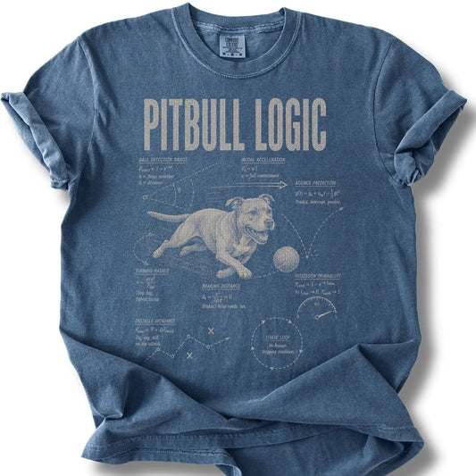 Pitbull Logic design on a Denim Comfort Colors T-shirt, shown flat