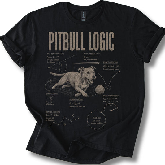 Pitbull Logic on a Black T-shirt, shown flat