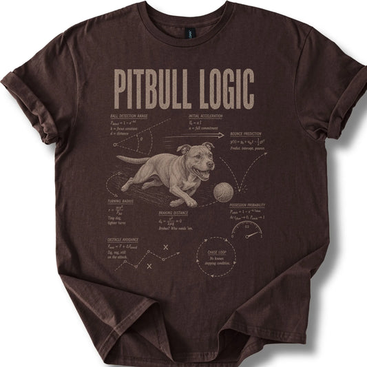 Pitbull Logic on a Dark Chocolate T-shirt, shown flat
