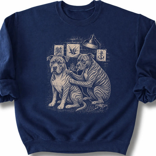 Pitbull Tattoo on a Navy crewneck sweatshirt, shown flat
