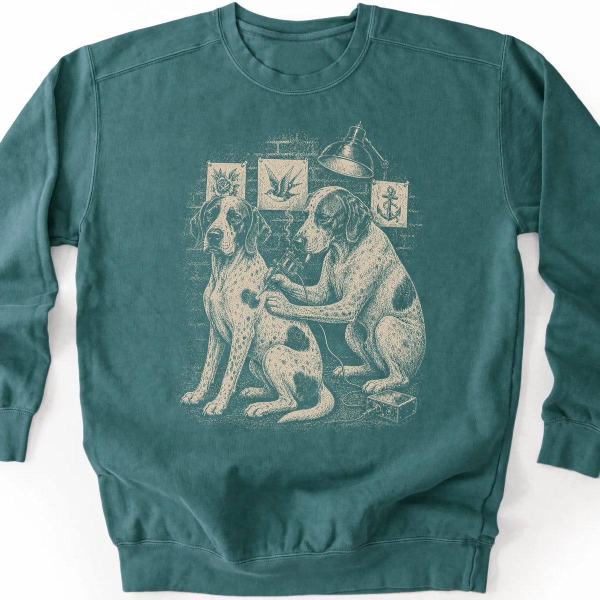 Pointer Tattoo on a Blue Spruce crewneck sweatshirt, shown flat