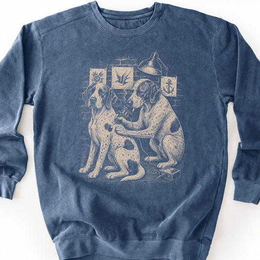 Pointer Tattoo on a Denim crewneck sweatshirt, shown flat