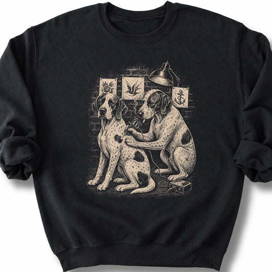 Pointer Tattoo on a Black crewneck sweatshirt, shown flat