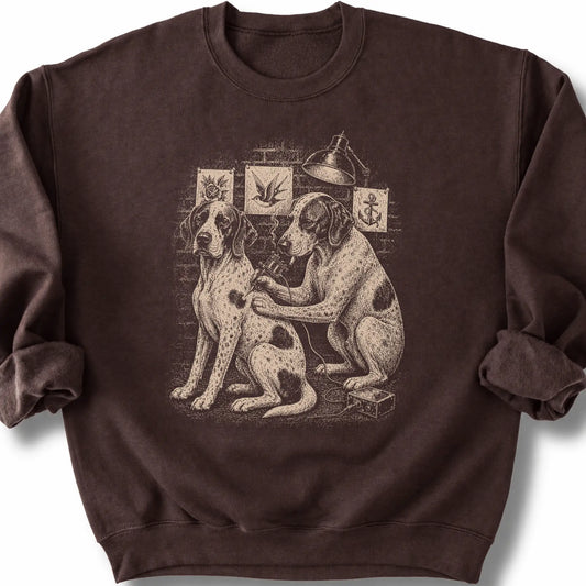 Pointer Tattoo on a Dark Chocolate crewneck sweatshirt, shown flat