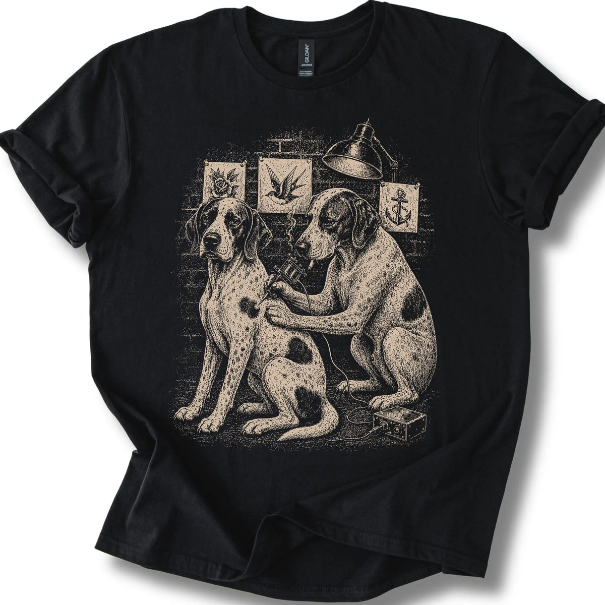 Pointer Tattoo on a Black T-shirt, shown flat