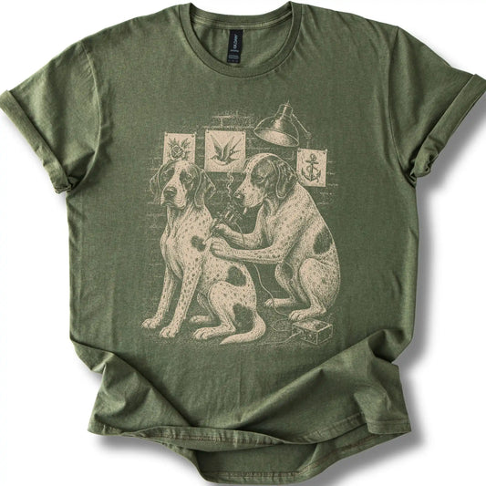 Pointer Tattoo on a Military Green T-shirt, shown flat
