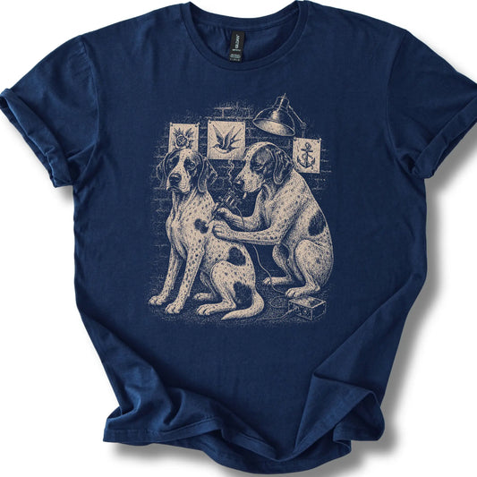 Pointer Tattoo on a Navy T-shirt, shown flat