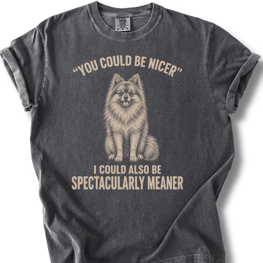 Pomeranian Guard Dog design on a Pepper Comfort Colors T-shirt, shown flat