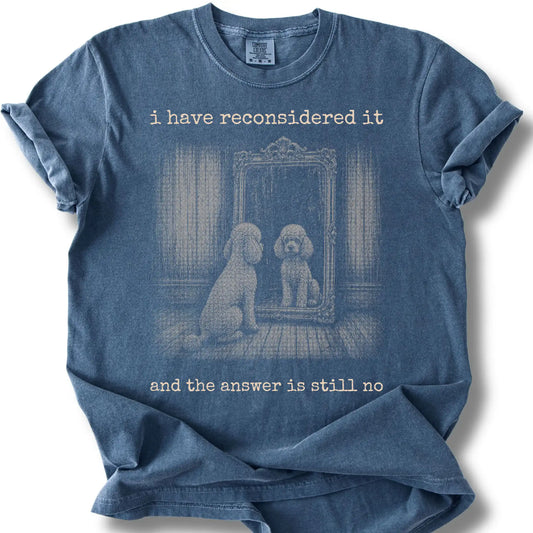 Antisocial Poodle design on a Denim Comfort Colors T-shirt, shown flat