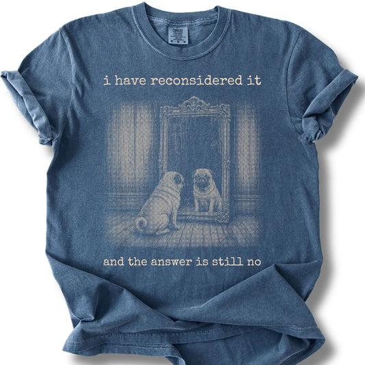Antisocial Pug design on a Denim Comfort Colors T-shirt, shown flat