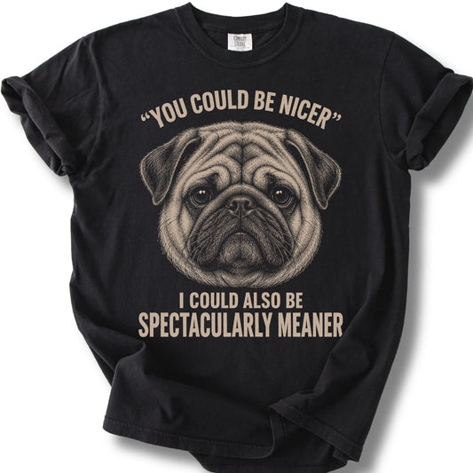 Pug Guard Dog design on a Black Comfort Colors T-shirt, shown flat
