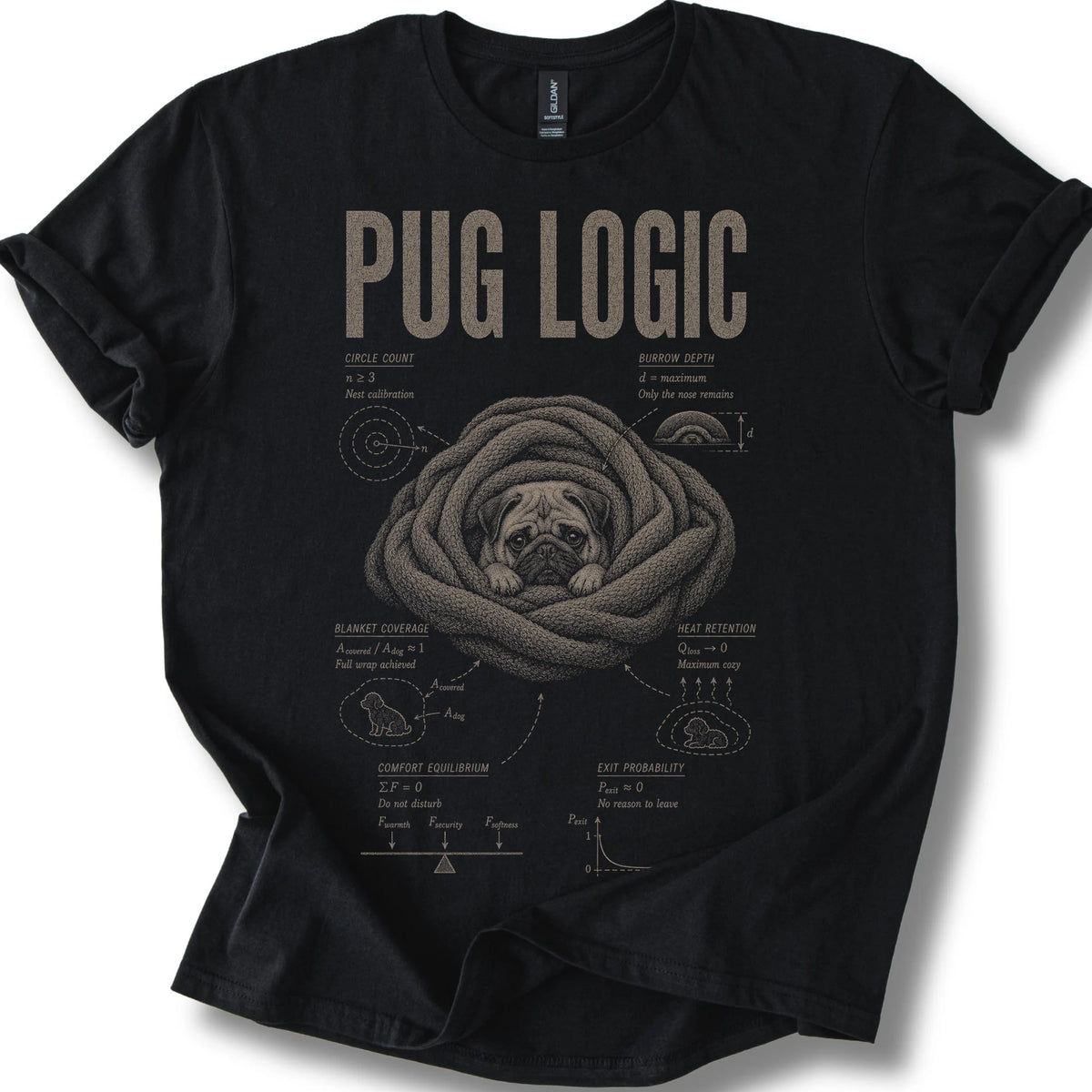 Pug Logic on a Black T-shirt, shown flat