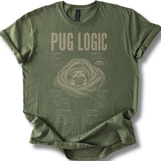 Pug Logic on a Military Green T-shirt, shown flat