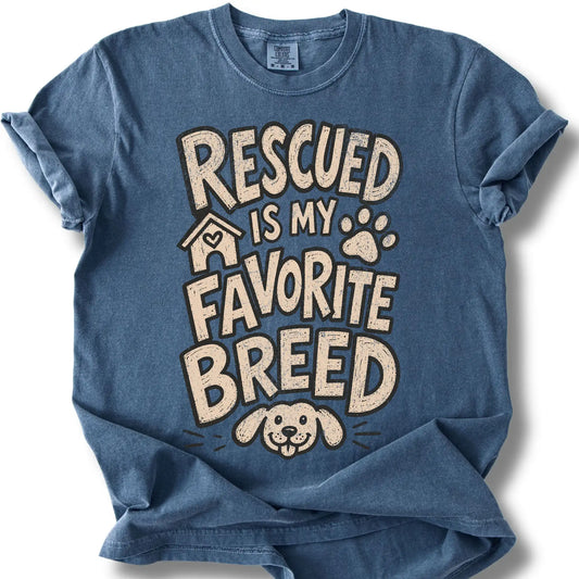 Rescued Is My Favorite Breed design on a Denim Comfort Colors T-shirt, shown flat
