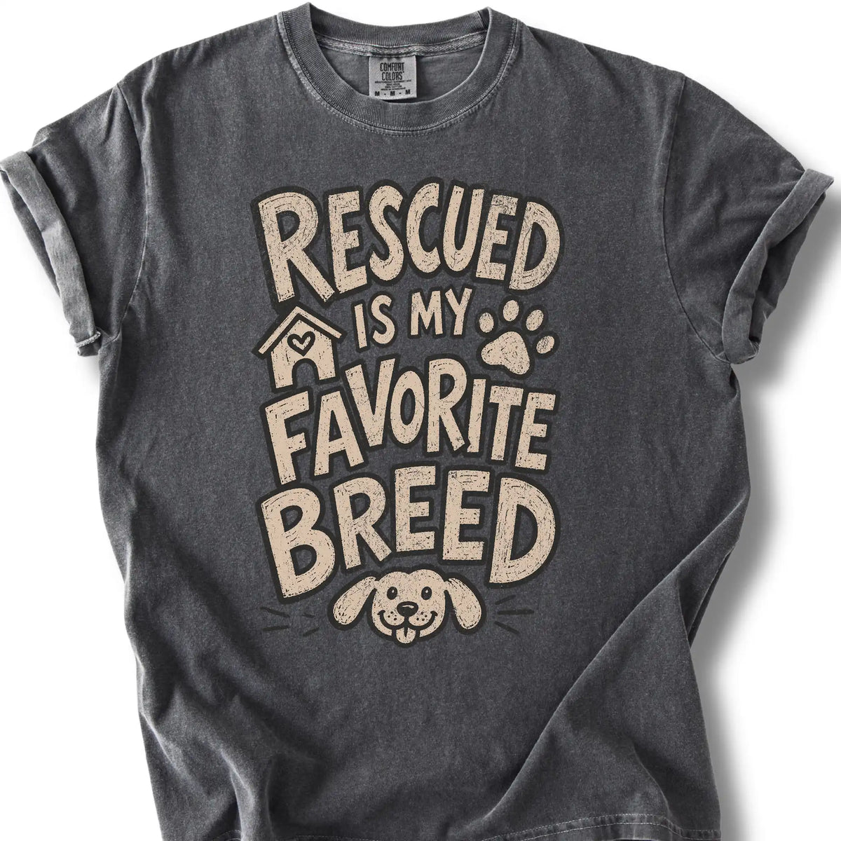Rescued Is My Favorite Breed design on a Pepper Comfort Colors T-shirt, shown flat