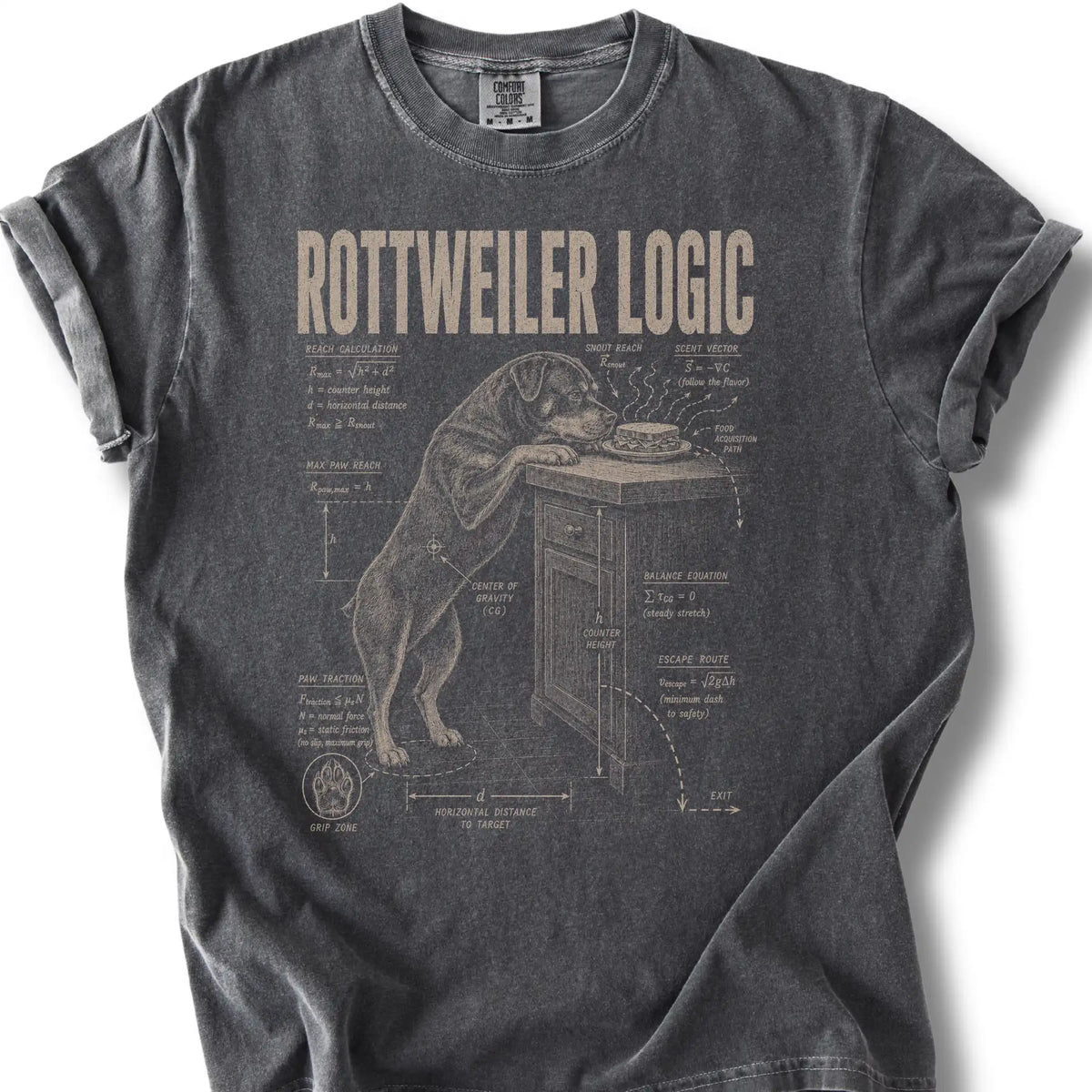 Rottweiler Logic design on a Pepper Comfort Colors T-shirt, shown flat