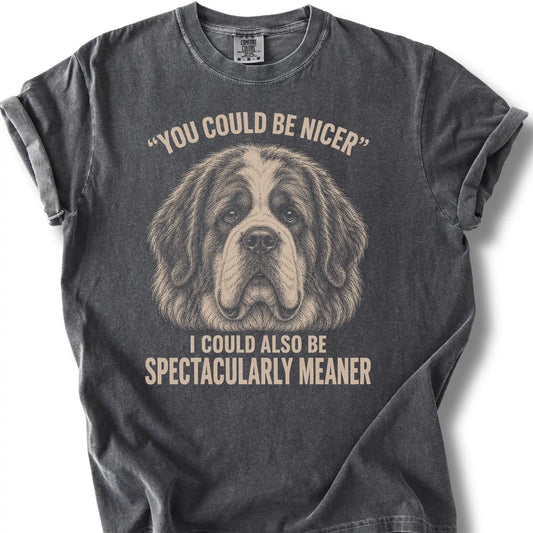 Saint Bernard Guard Dog design on a Pepper Comfort Colors T-shirt, shown flat