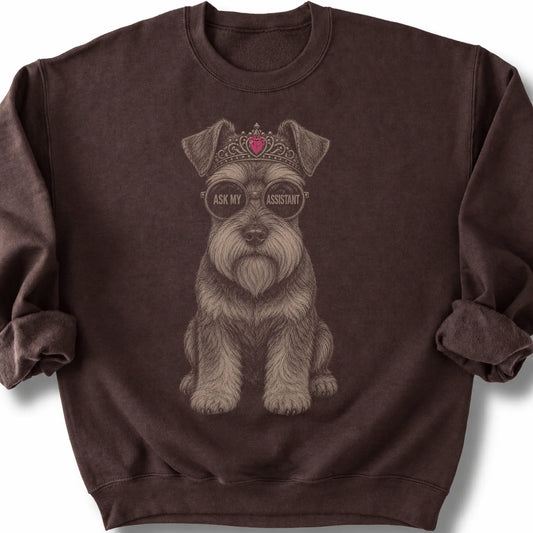 Schnauzer Ask My Assistant on a Dark Chocolate crewneck sweatshirt, shown flat