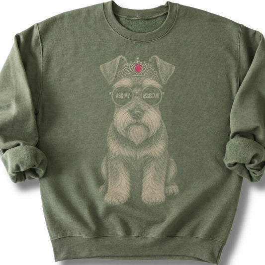 Schnauzer Ask My Assistant on a Military Green crewneck sweatshirt, shown flat
