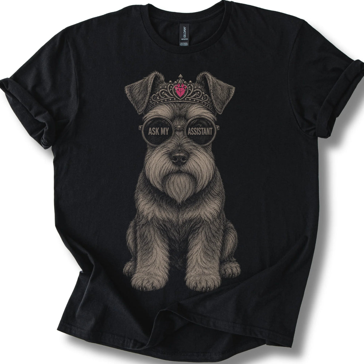 Schnauzer Ask My Assistant on a Black T-shirt, shown flat