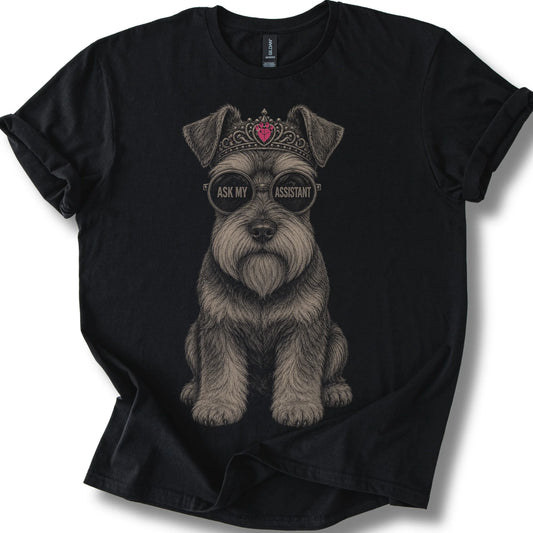 Schnauzer Ask My Assistant on a Black T-shirt, shown flat