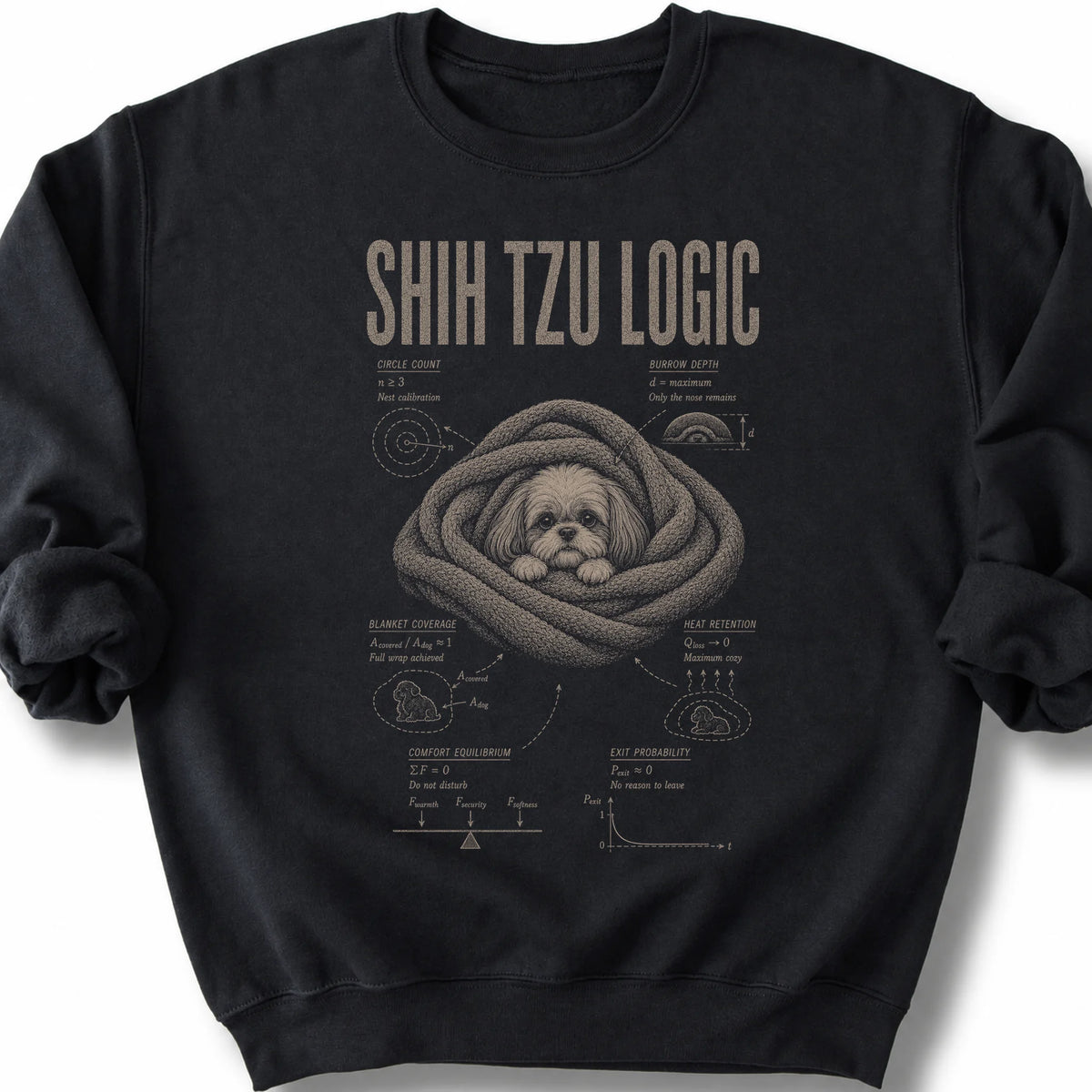 Shih Tzu Logic on a Black crewneck sweatshirt, shown flat