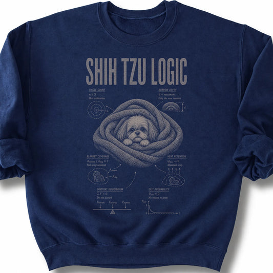Shih Tzu Logic on a Navy crewneck sweatshirt, shown flat