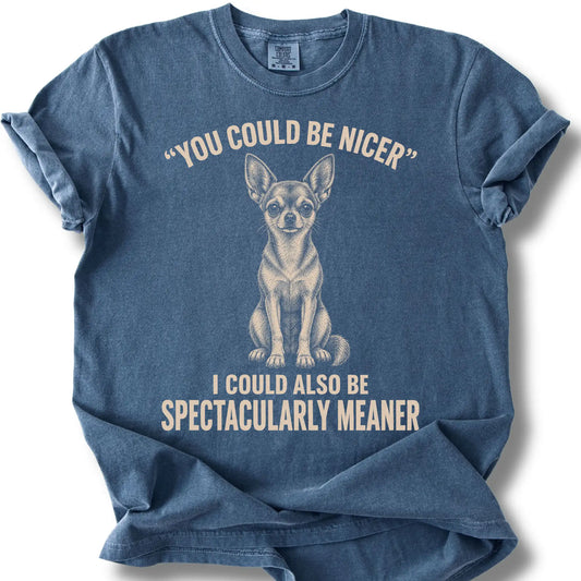 Short-Haired Chihuahua Guard Dog design on a Denim Comfort Colors T-shirt, shown flat