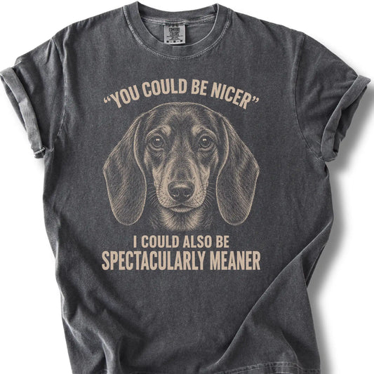 Short-Haired Dachshund Guard Dog design on a Pepper Comfort Colors T-shirt, shown flat