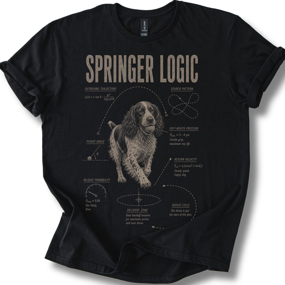Springer Spaniel Logic on a Black T-shirt, shown flat