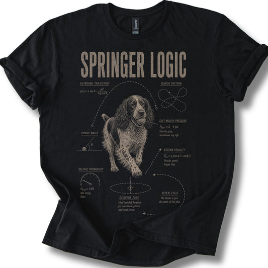 Springer Spaniel Logic on a Black T-shirt, shown flat