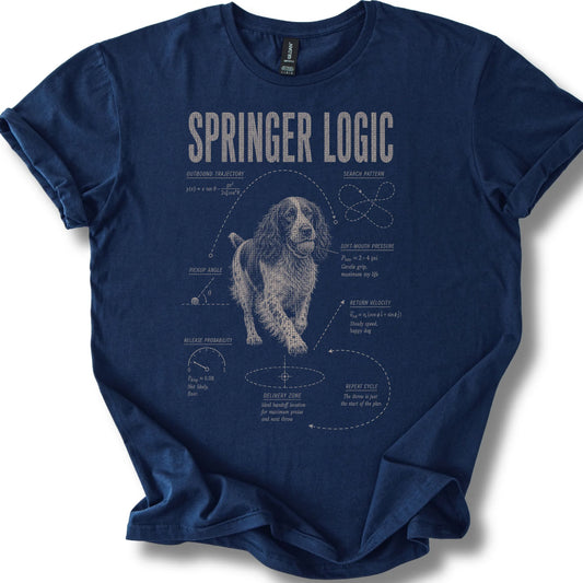 Springer Spaniel Logic on a Navy T-shirt, shown flat
