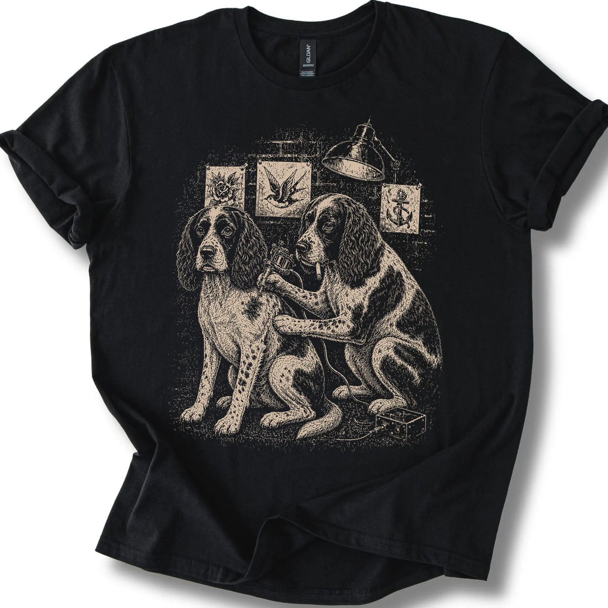 Springer Spaniel Tattoo on a Black T-shirt, shown flat