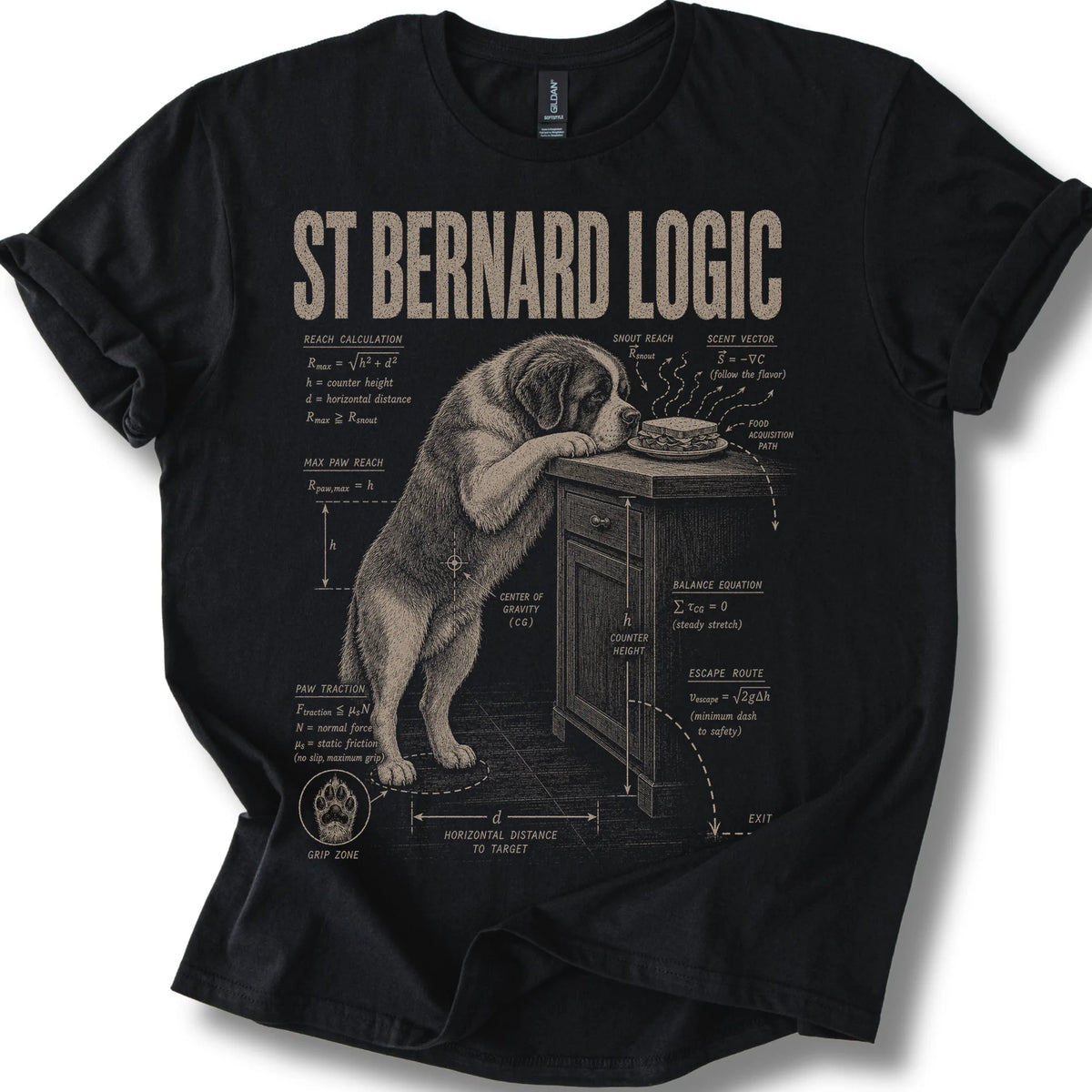 Saint Bernard St Bernard Logic on a Black T-shirt, shown flat