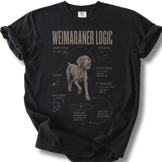 Weimaraner Ball Logic design on a Black Comfort Colors T-shirt, shown flat