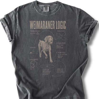 Weimaraner Ball Logic design on a Pepper Comfort Colors T-shirt, shown flat