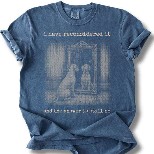 Antisocial Weimaraner design on a Denim Comfort Colors T-shirt, shown flat