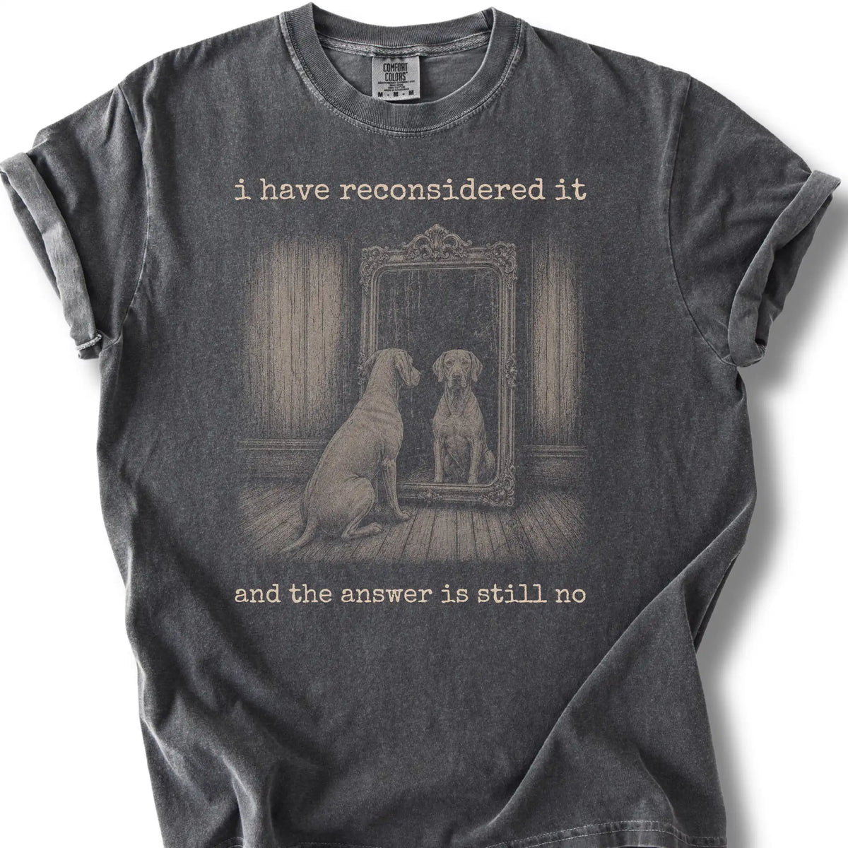 Antisocial Weimaraner design on a Pepper Comfort Colors T-shirt, shown flat