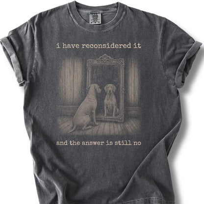 Antisocial Weimaraner design on a Pepper Comfort Colors T-shirt, shown flat