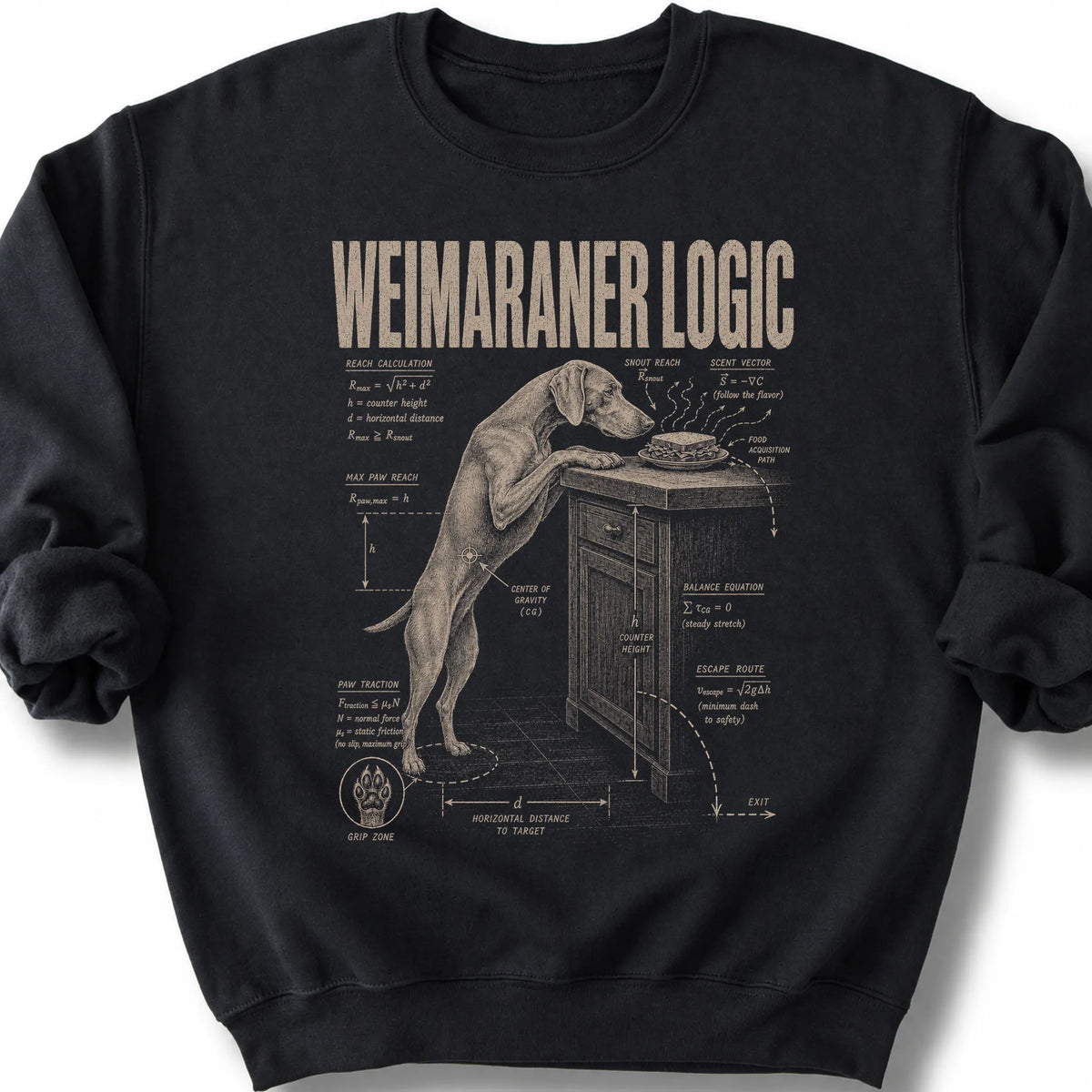 Weimaraner Logic on a Black crewneck sweatshirt, shown flat