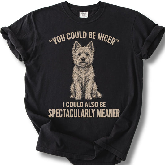 Westie Guard Dog design on a Black Comfort Colors T-shirt, shown flat