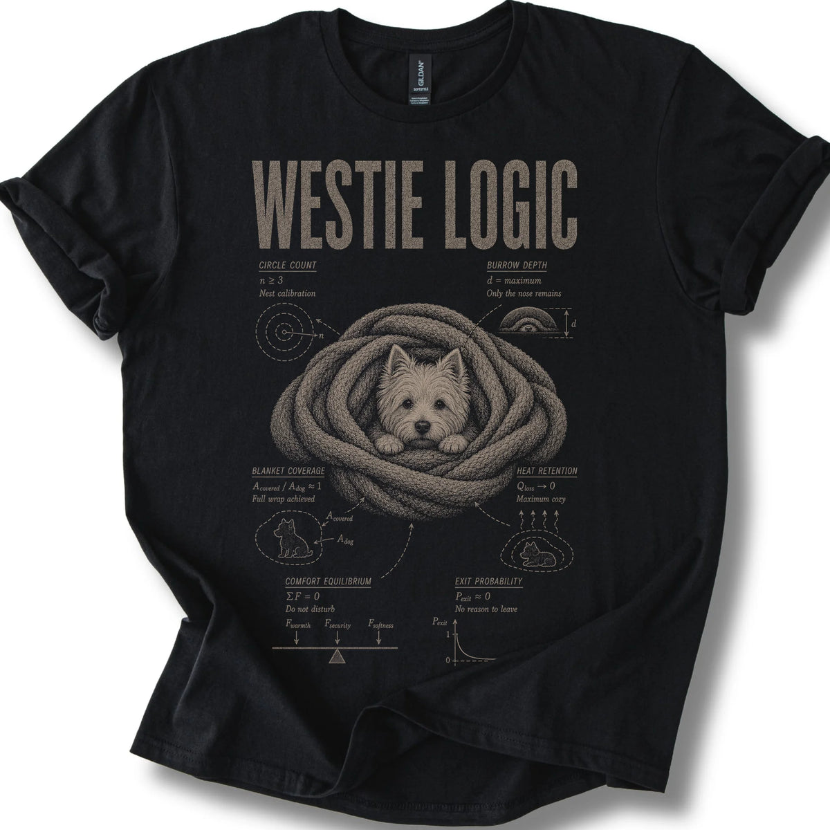 Westie Logic on a Black T-shirt, shown flat